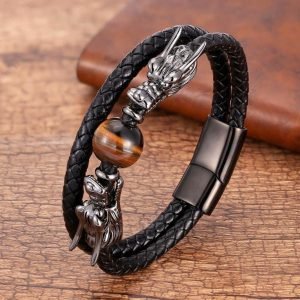 Bracelet Magnétique Oeil de Tigre Dragon (Cuir)