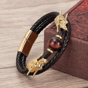 Bracelet Magnétique Oeil de Tigre Rouge Dragon Doré