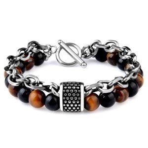 Bracelet Oeil de Tigre Agate Noire avec Chaine acier