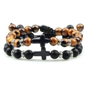 Bracelet Oeil de Tigre Homme avec Croix