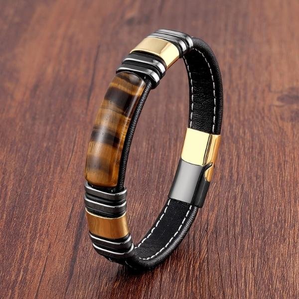 bracelethommecuiroeildetigrepierrerectangulaire bracelet oeil de tigre homme cuir fermoir mégnatique